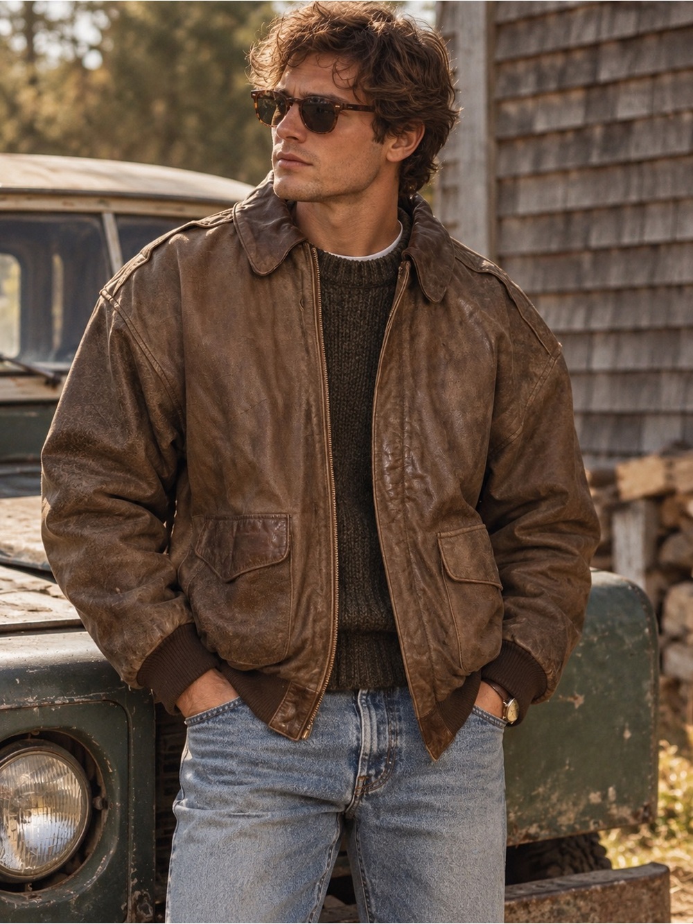 Vintage Brown Leather Flight Jacket - Large